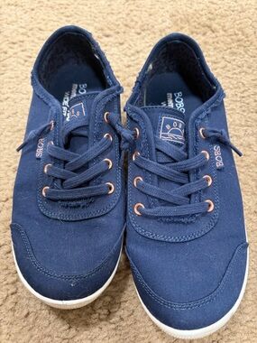BOBS from Skechers Navy Canvas Kids Sneakers with Rose Gold Eyelets